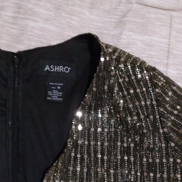 🆕 ASHROS DESIGN Metallic & Black Mock Wrap Dress Live it! Has Mesh sleeves SZ 1X - Picture 3 of 11